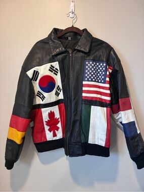 Korean Black Multicolor Flag Patch Leather Bomber Jacket